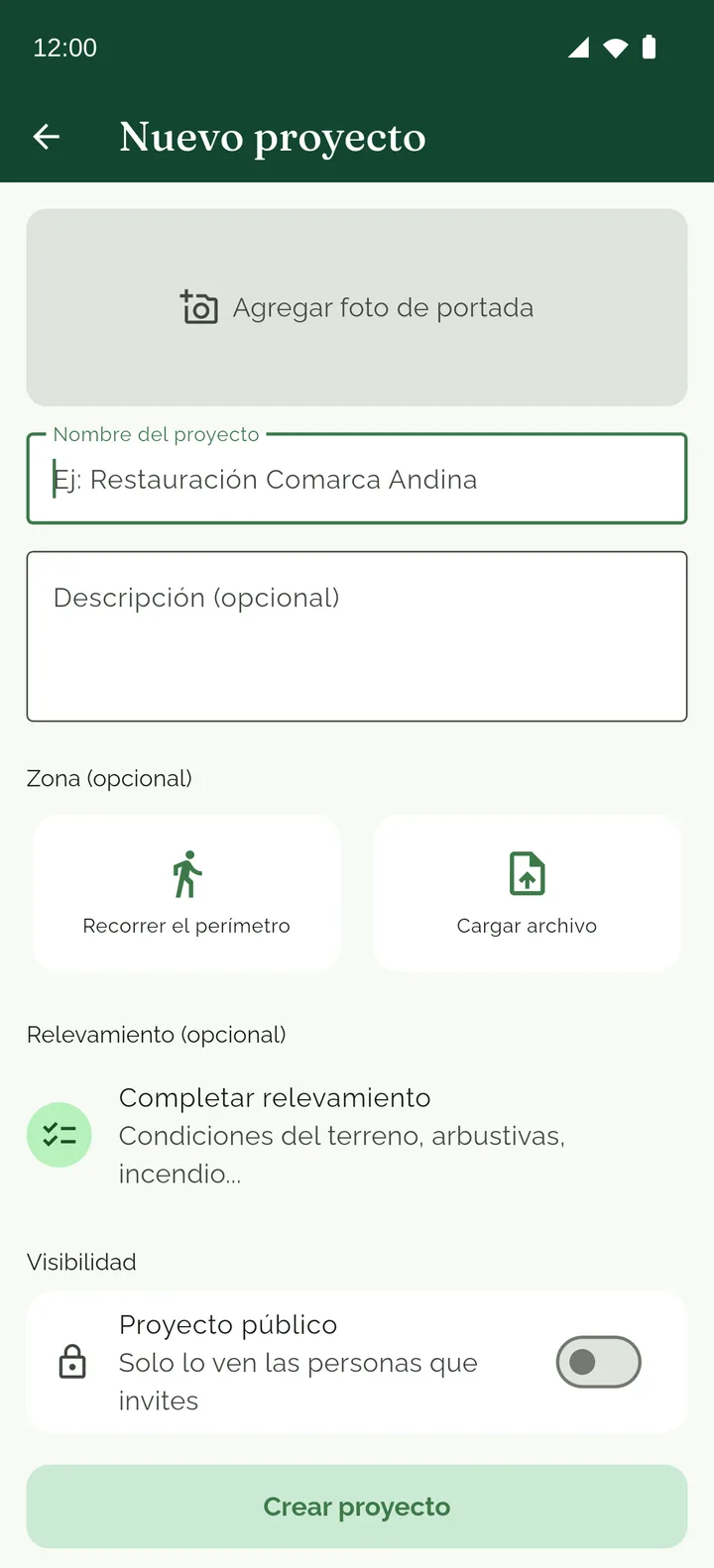 Pantalla de GeoNativa para crear un proyecto nuevo
