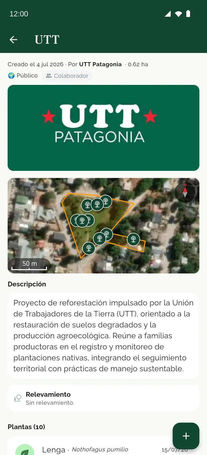 Página de un proyecto público en GeoNativa, con su zona y sus plantas en el mapa