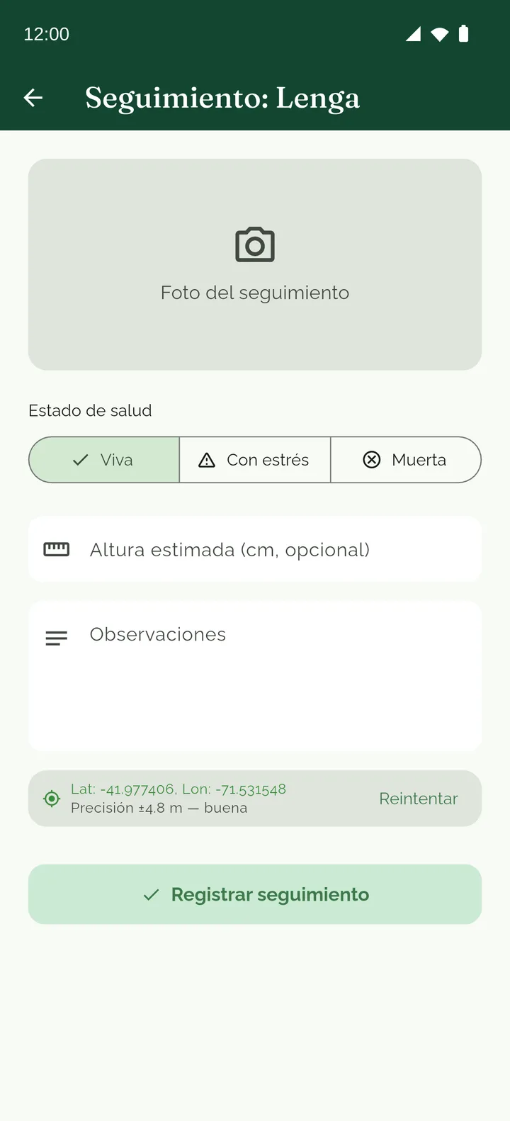 Pantallas de GeoNativa: el seguimiento de una planta (viva, con estrés o muerta) y el registro de una planta nueva